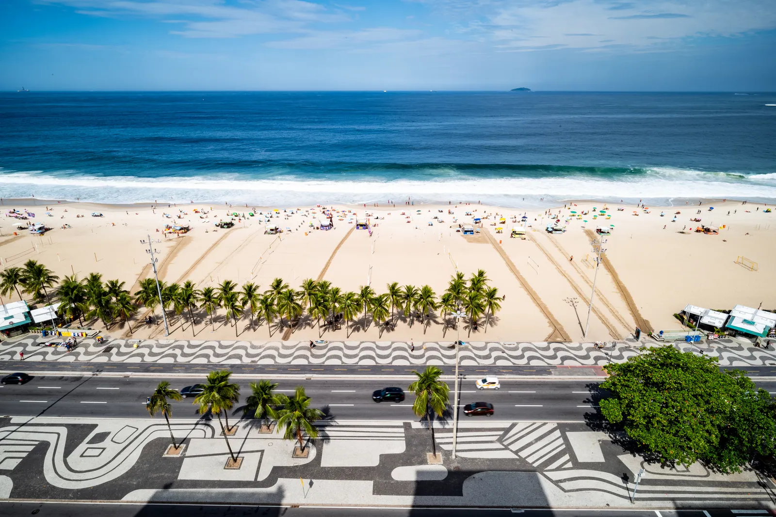 The wave-patterned promenade and palms of Avenida Atlântica from above