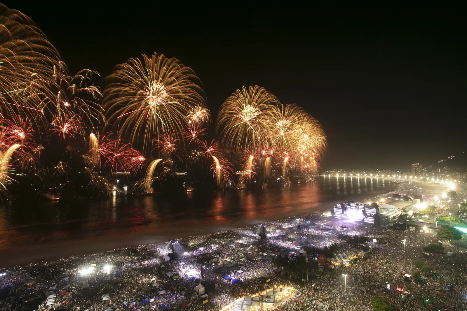 New Year fireworks over Copacabana beach, the largest gathering on any beach in the world