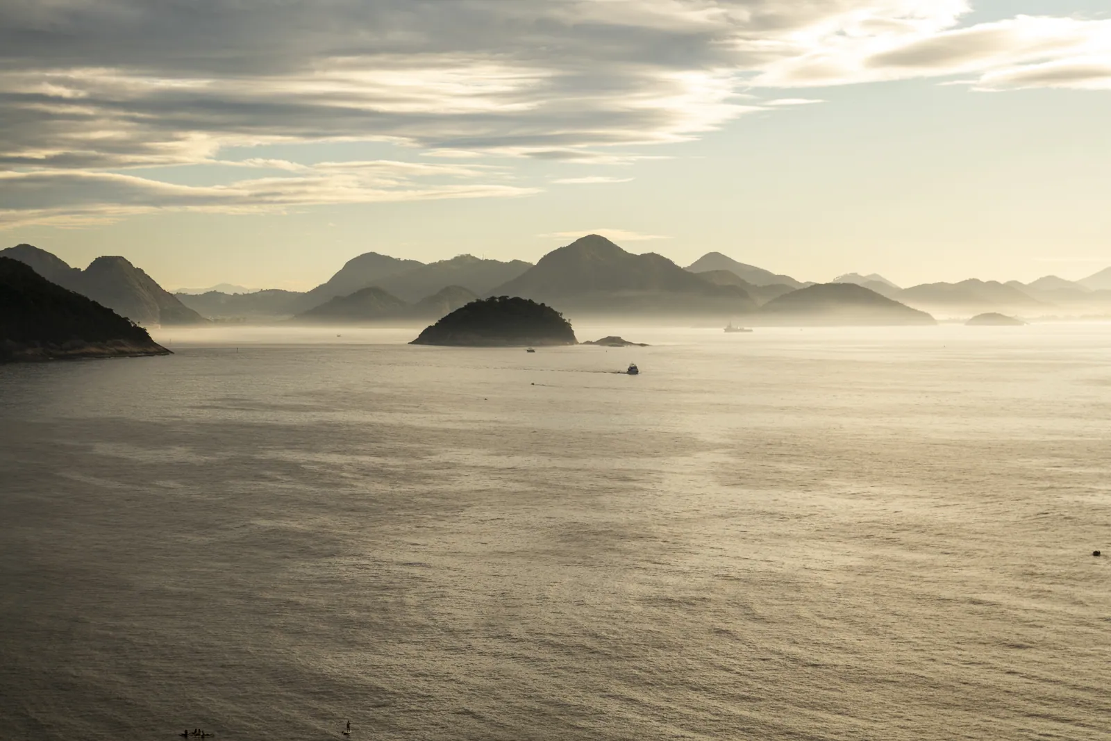 Guanabara Bay at dawn, mist over the islands