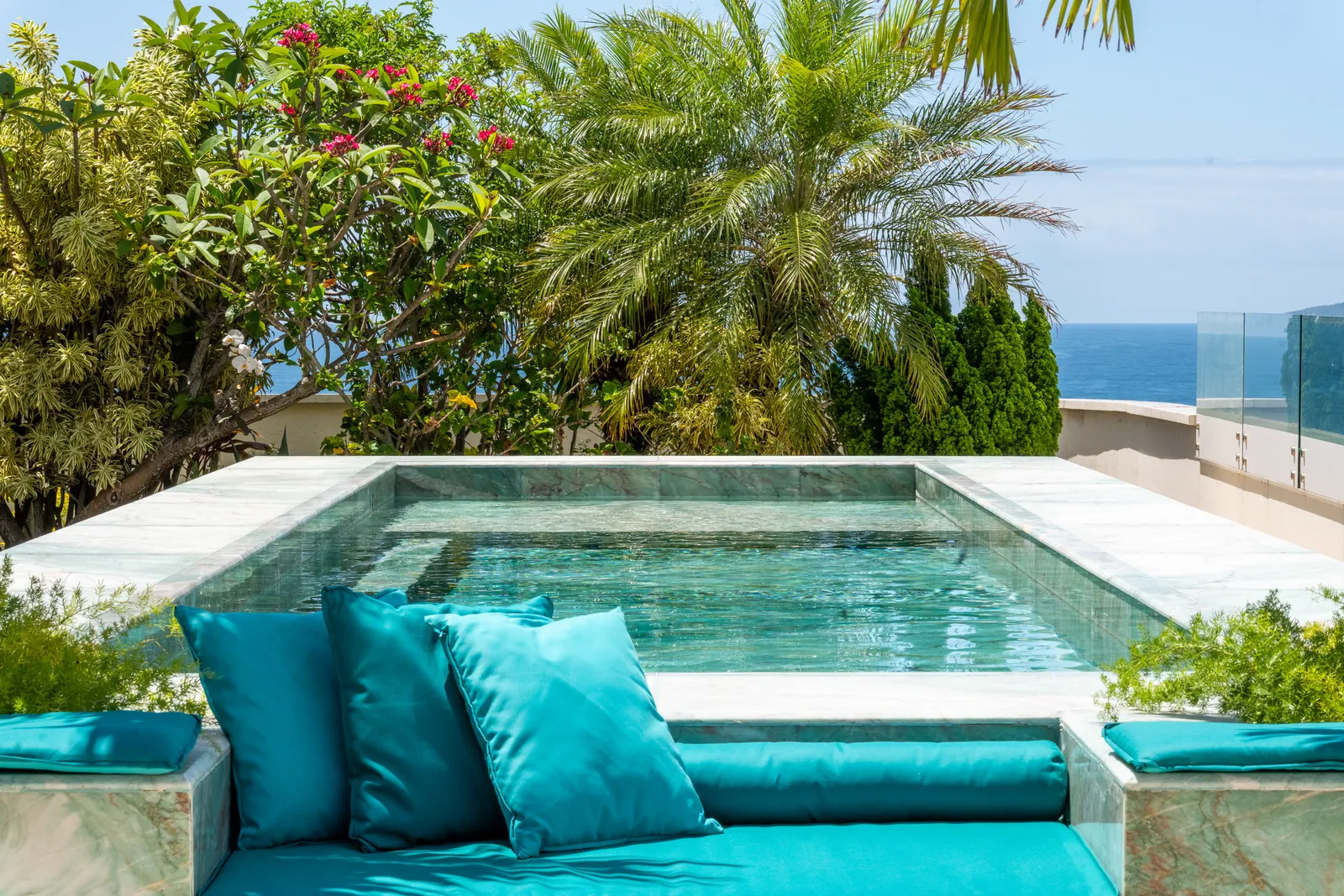 Pool and tropical planting with flowering shrubs on the main terrace